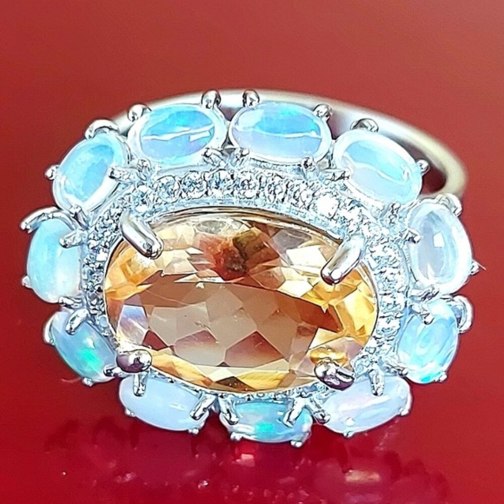 Natural Citrine 14x10mm, Fire Opal & Cz 925 Sterling Silver‎ Ring 8.75